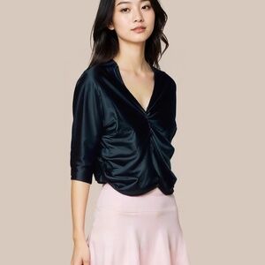 PRETTYLITTLETHING Satin Ruched Sleeve Blouse Black Size 6